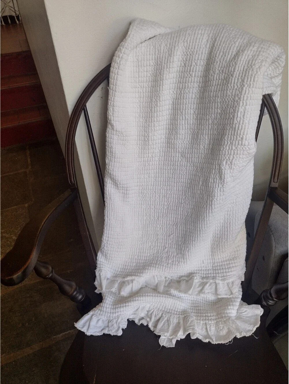 INUP Home Waffle Weave Throw Blanket White Ruffle Trim Portugal Cotton 72x48